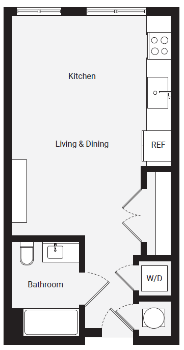Floor plan for studio, 1 bath, 490 sqft